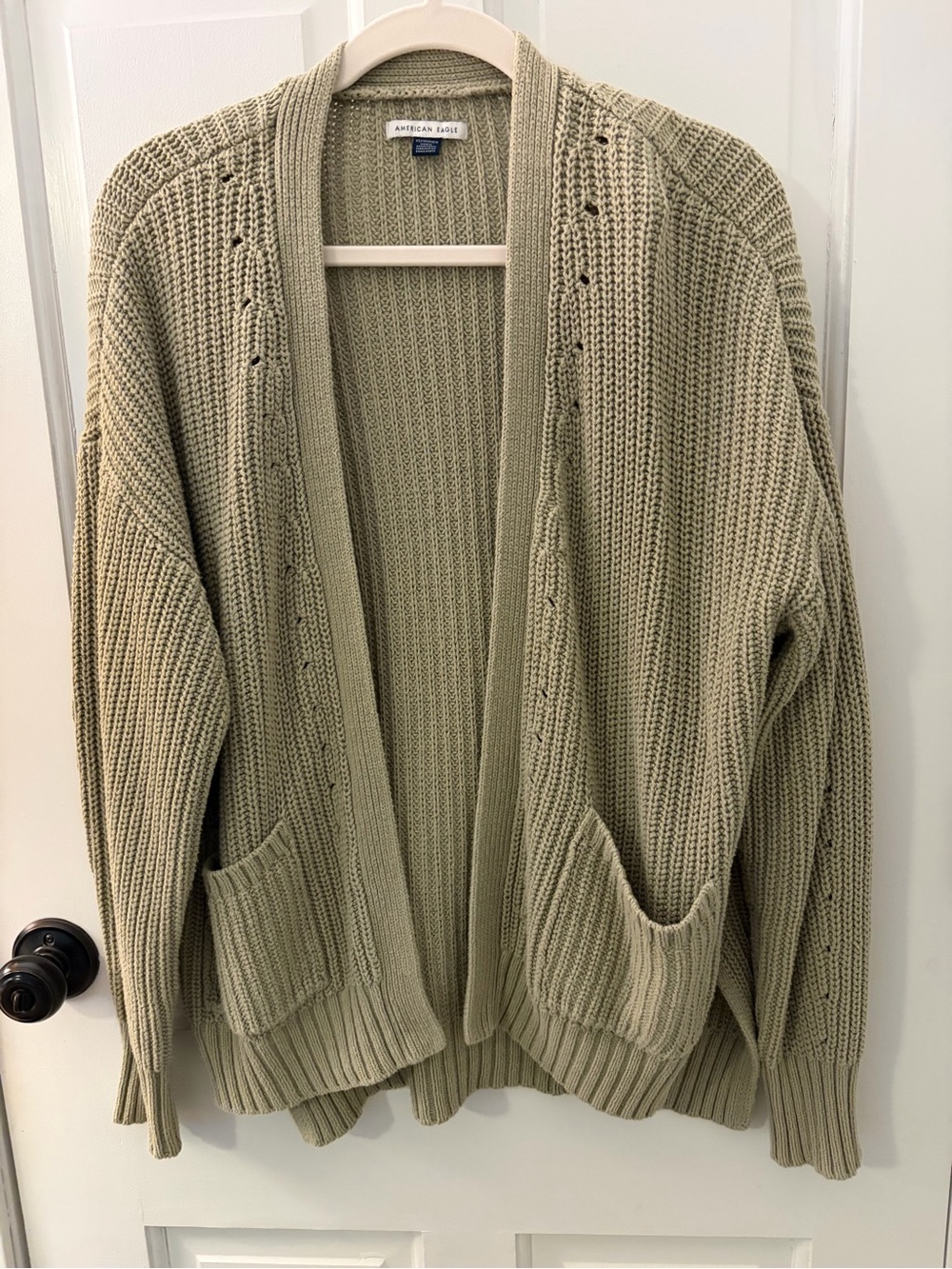 American Eagle sage green open front pointelle cardigan, sweater pockets XS
